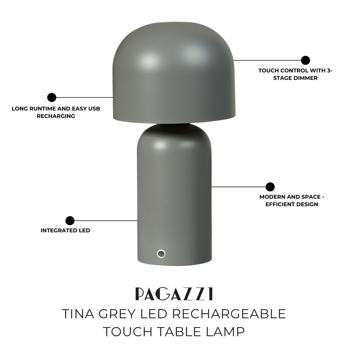 Tina Grey LED Rechargeable Touch Table Lamp