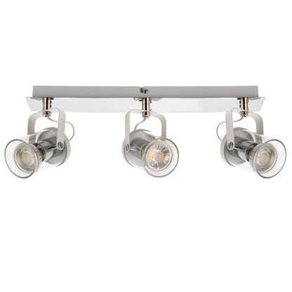 Errol 3 Light Polished Chrome and White Bar Spotlight Ceiling Light with Glass Shades