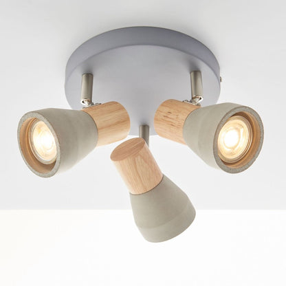 Stoneleigh 3 Light Concrete and Wood Effect Spotlight Plate Ceiling Light
