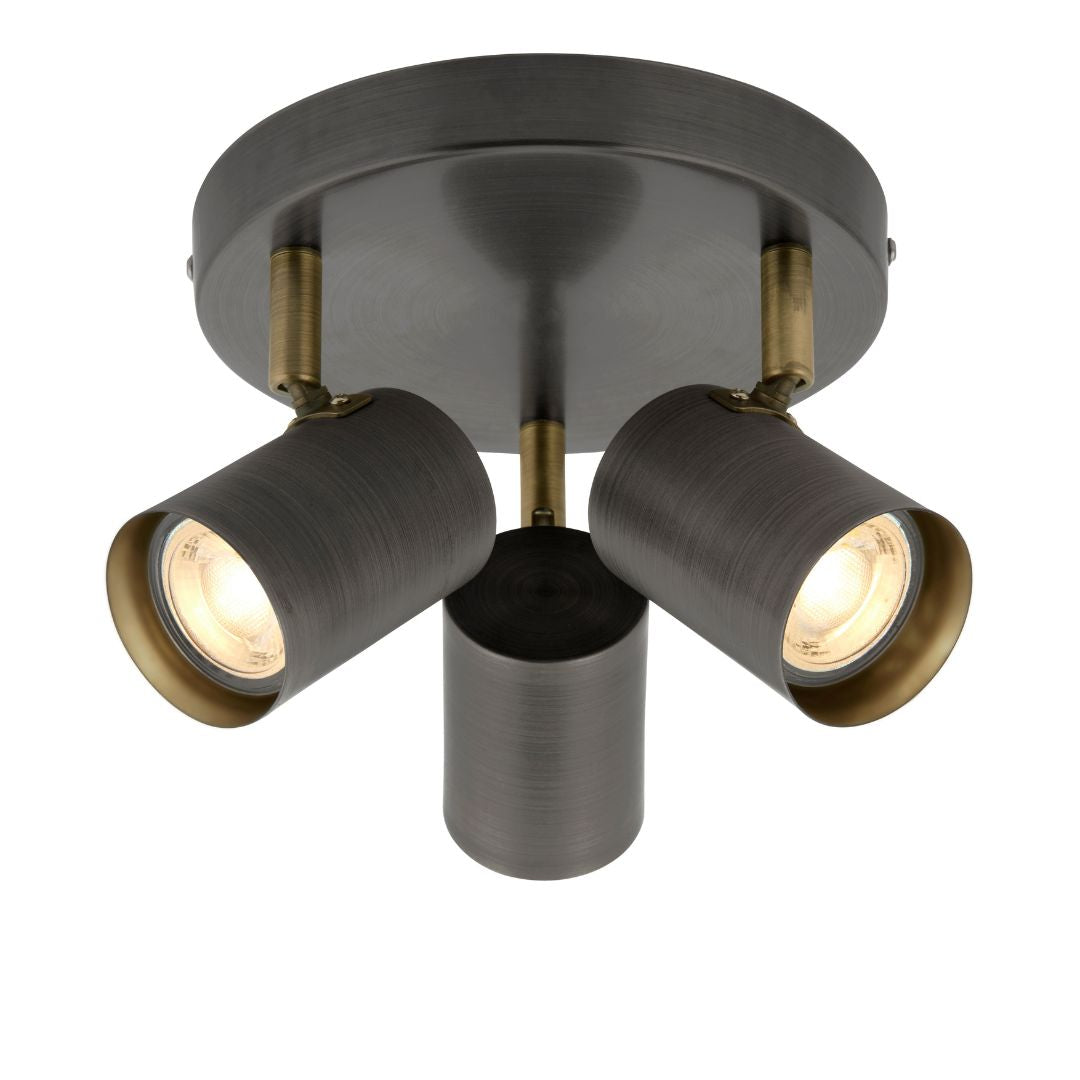 Hereford 3 Light Pewter & Antique Brass Spotlight Flush Ceiling Light