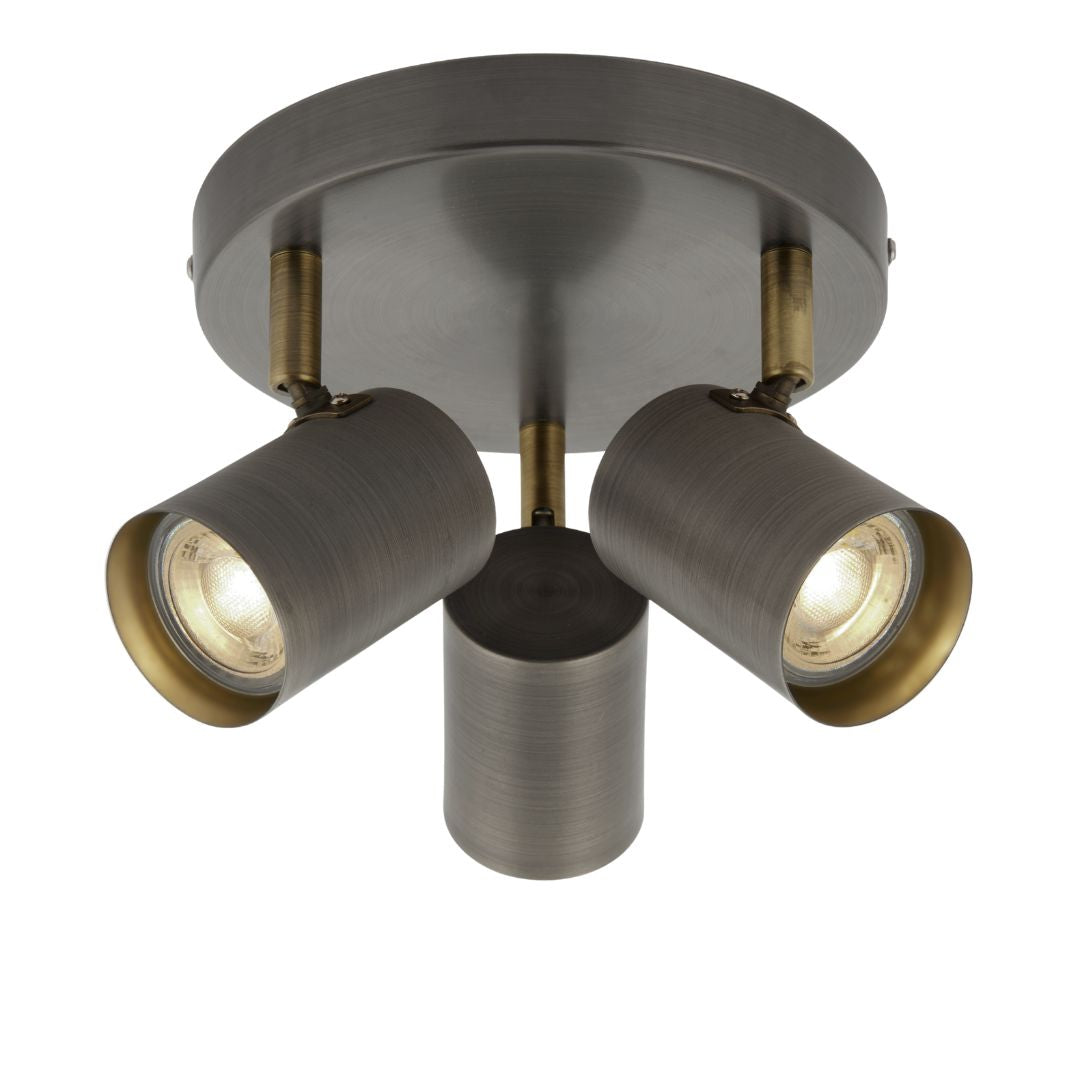 Hereford 3 Light Pewter & Antique Brass Spotlight Flush Ceiling Light