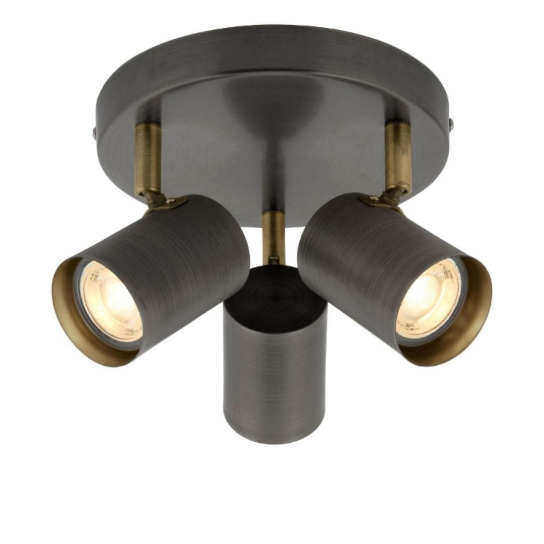 Hereford 3 Light Pewter & Antique Brass Spotlight Flush Ceiling Light
