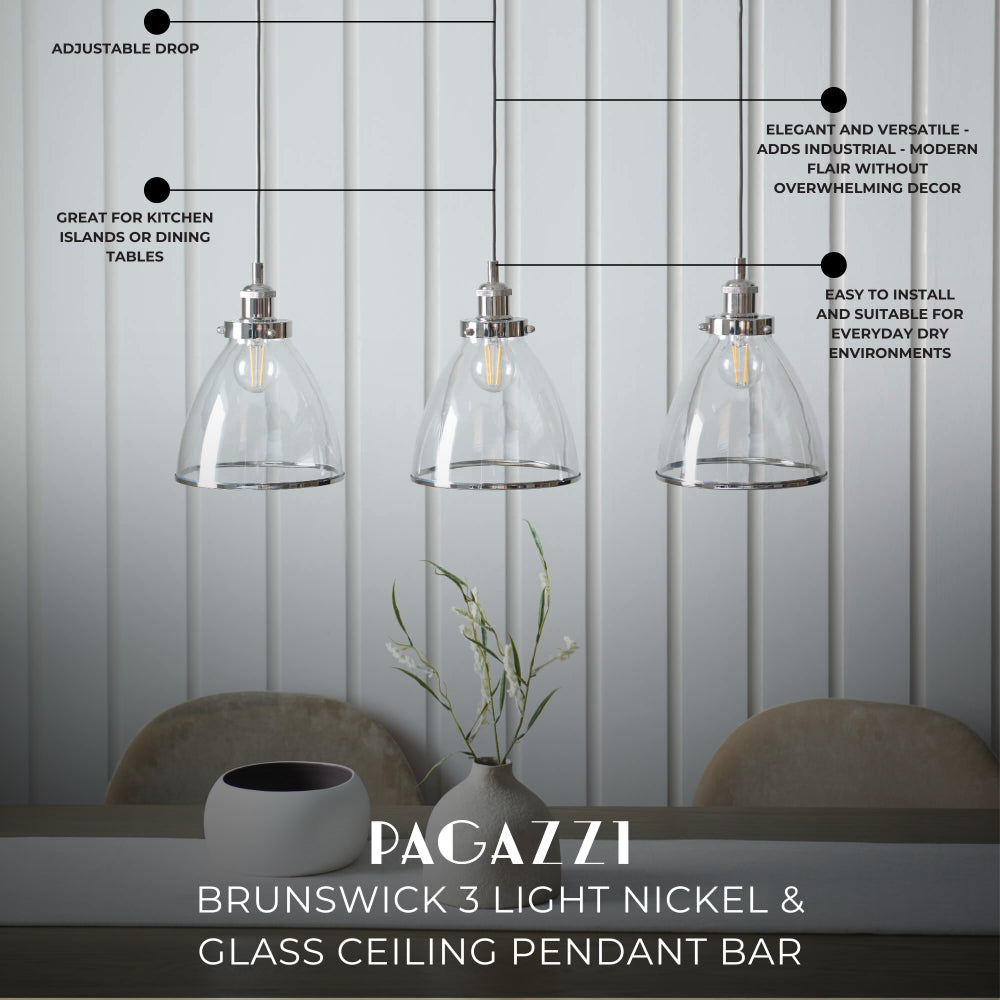 Brunswick 3 Light Nickel & Glass Ceiling Pendant Bar