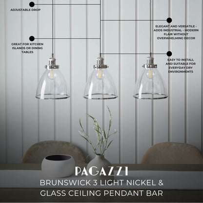 Brunswick 3 Light Nickel & Glass Ceiling Pendant Bar