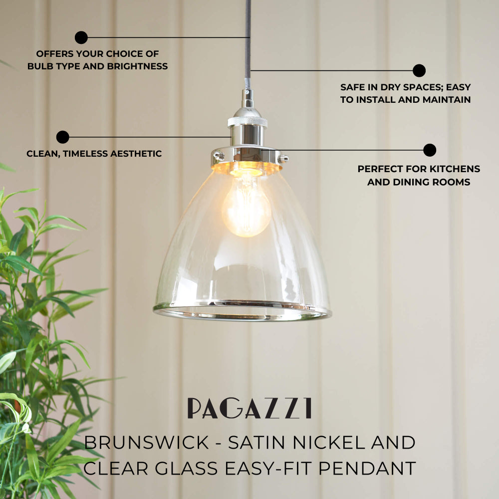Brunswick Satin Nickel and Clear Glass  Easy-Fit Pendant Shade