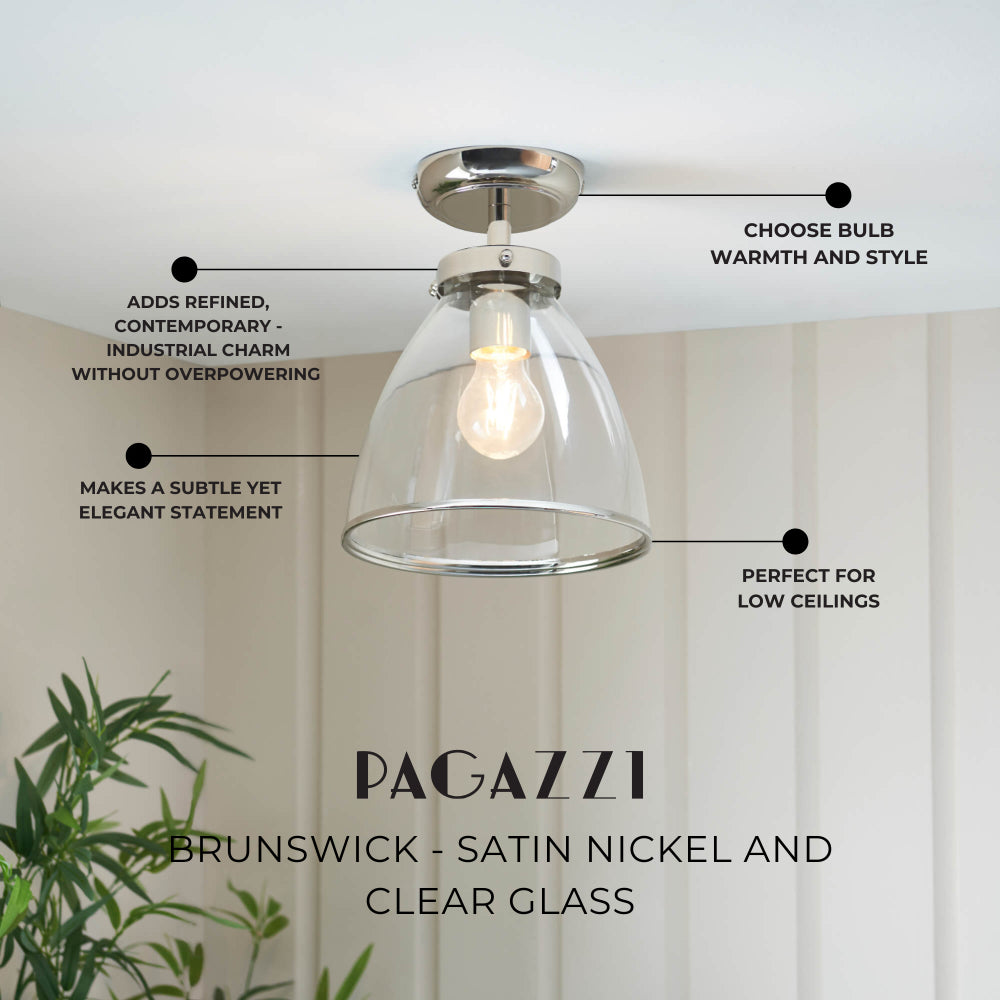 Brunswick Satin Nickel and Clear Glass Semi-Flush Ceiling Light