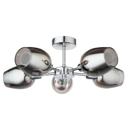 Hayden 5 Light Silver and Smoked Glass Semi Flush Ceiling Light