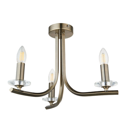 Morden 3 Light Antique Brass Semi Flush Ceiling Light