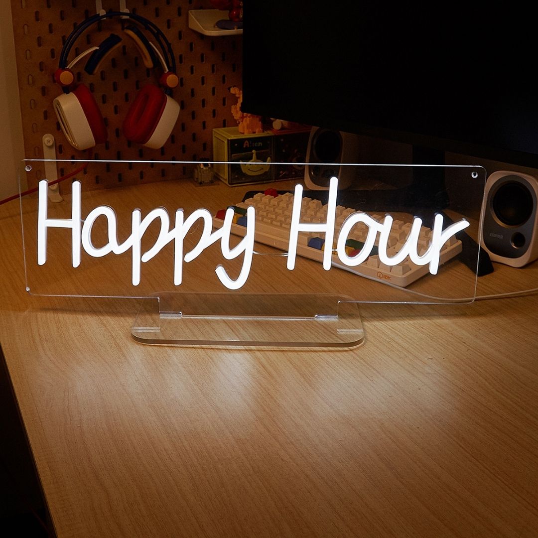 Happy Hour White LED Neon Sign
