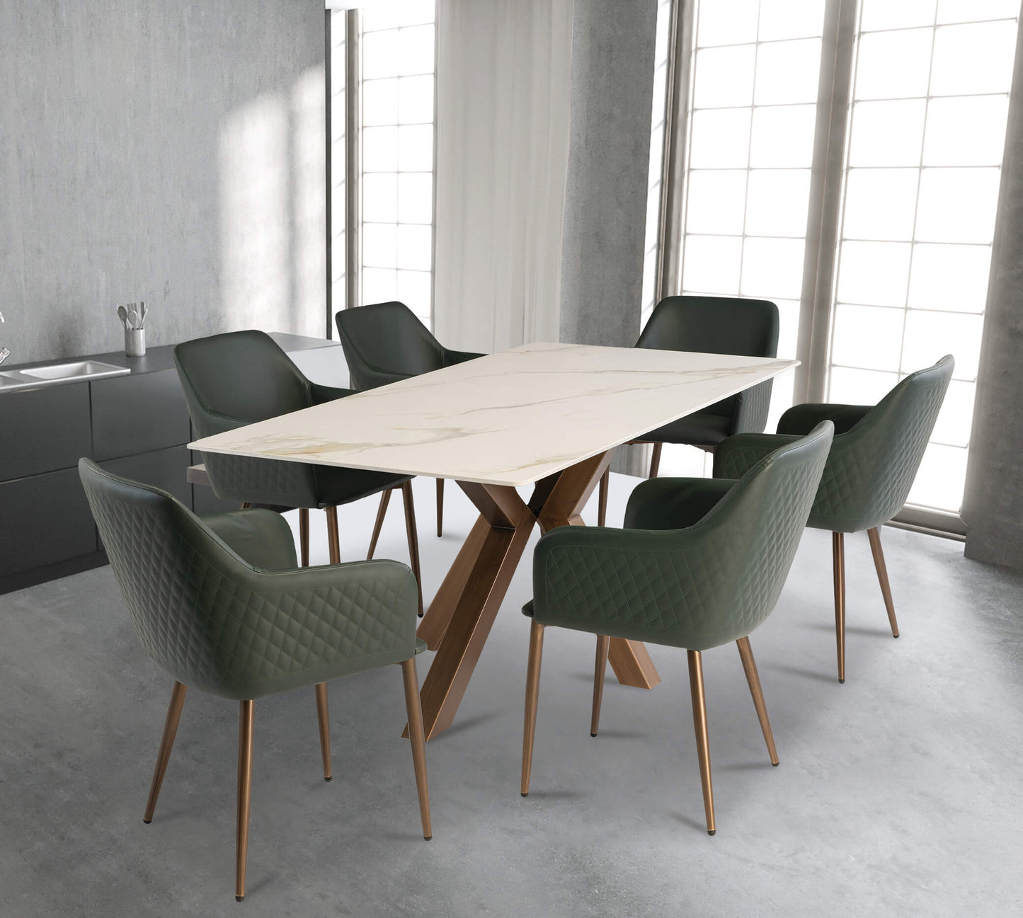 Sicily 1.8M White and Gold Table with 6 Green Chairs Dining Set