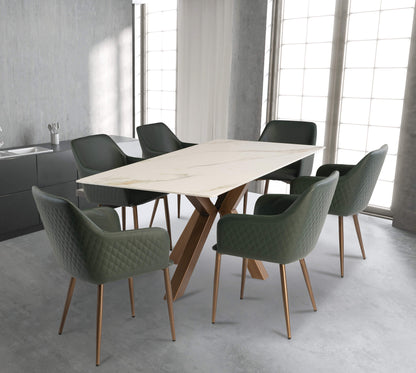 Sicily 1.8M White and Gold Table with 6 Green Chairs Dining Set