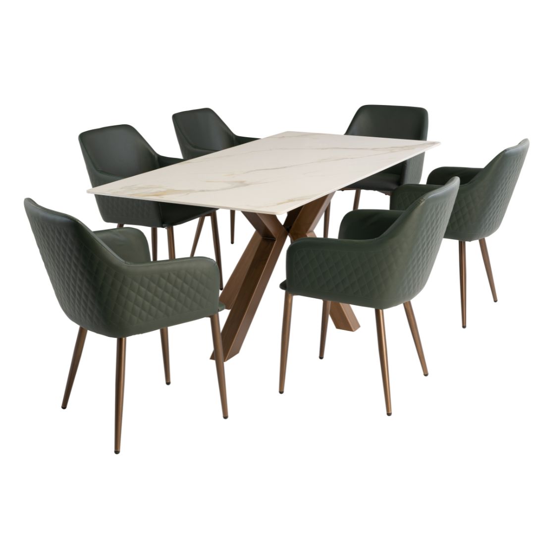 Sicily 1.8M White and Gold Table with 6 Green Chairs Dining Set