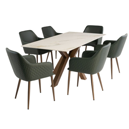 Sicily 1.8M White and Gold Table with 6 Green Chairs Dining Set