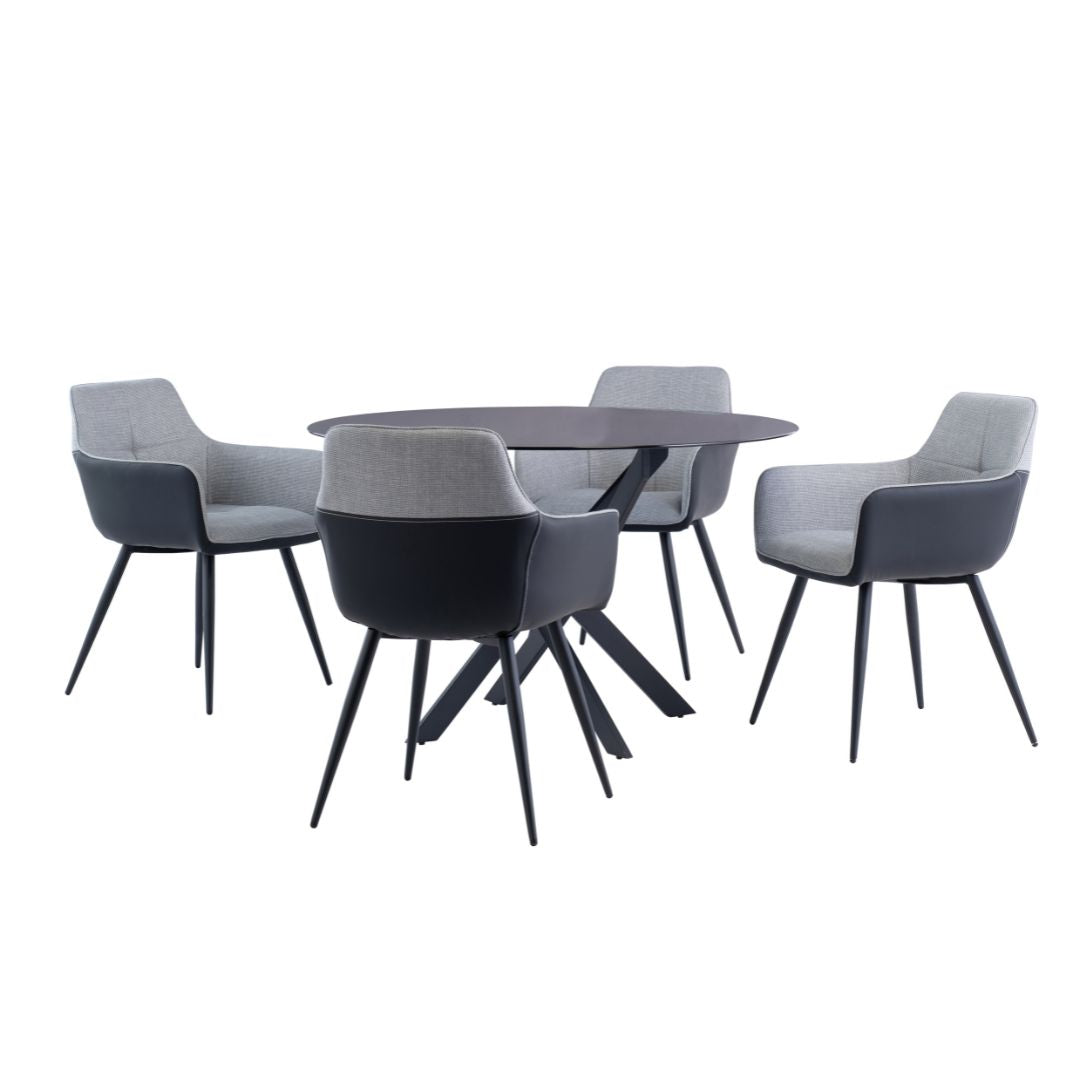 Silvia Round 1.2M Black Table with 4 Black and Grey Leather Chairs Dining Set