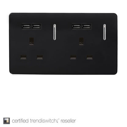 Trendi Switch 2 Gang 13 amp short switched Plug USB Socket in Screwless Piano Black