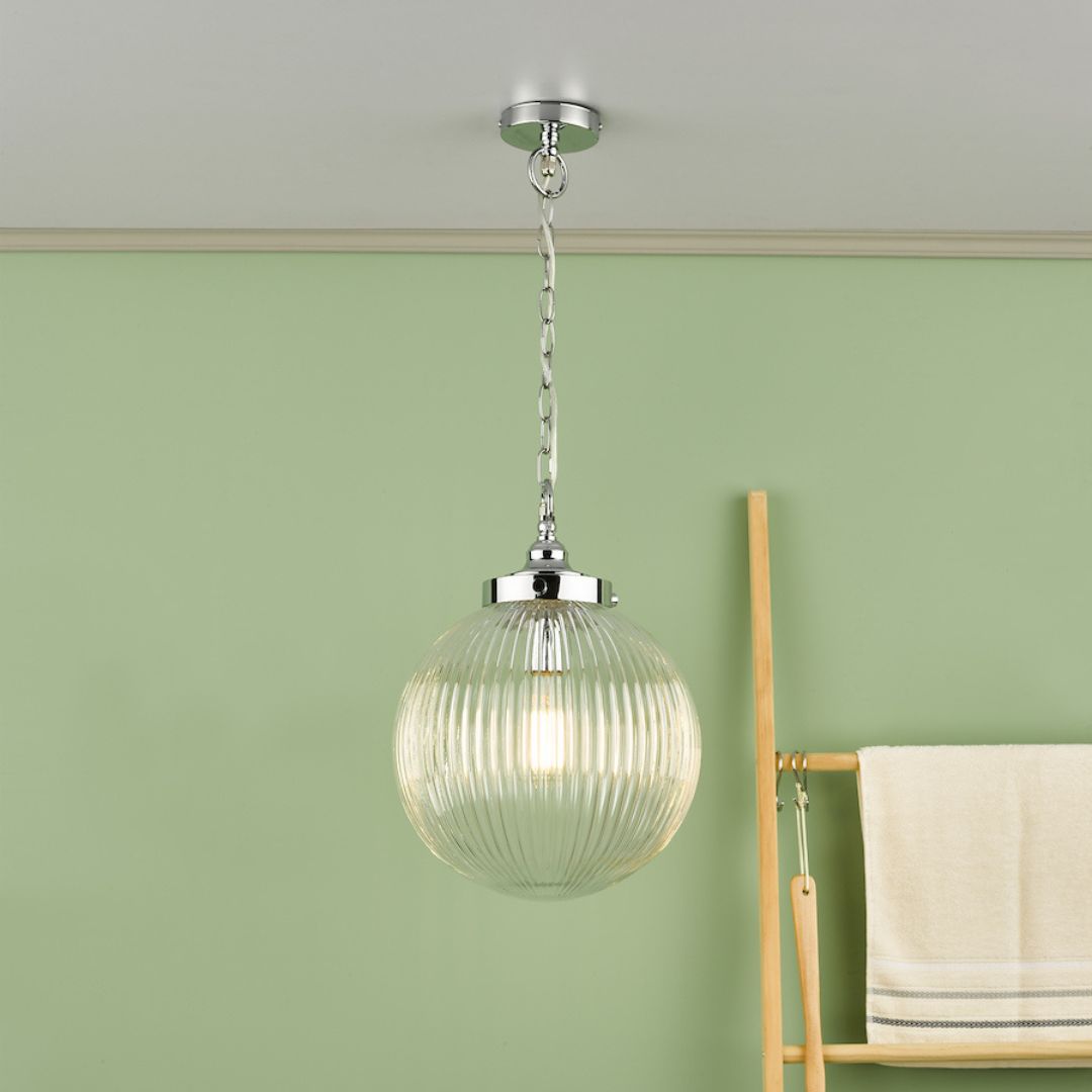 Tamara IP44 Ribbed Glas Polished Chrome Ceiling Pendant Light