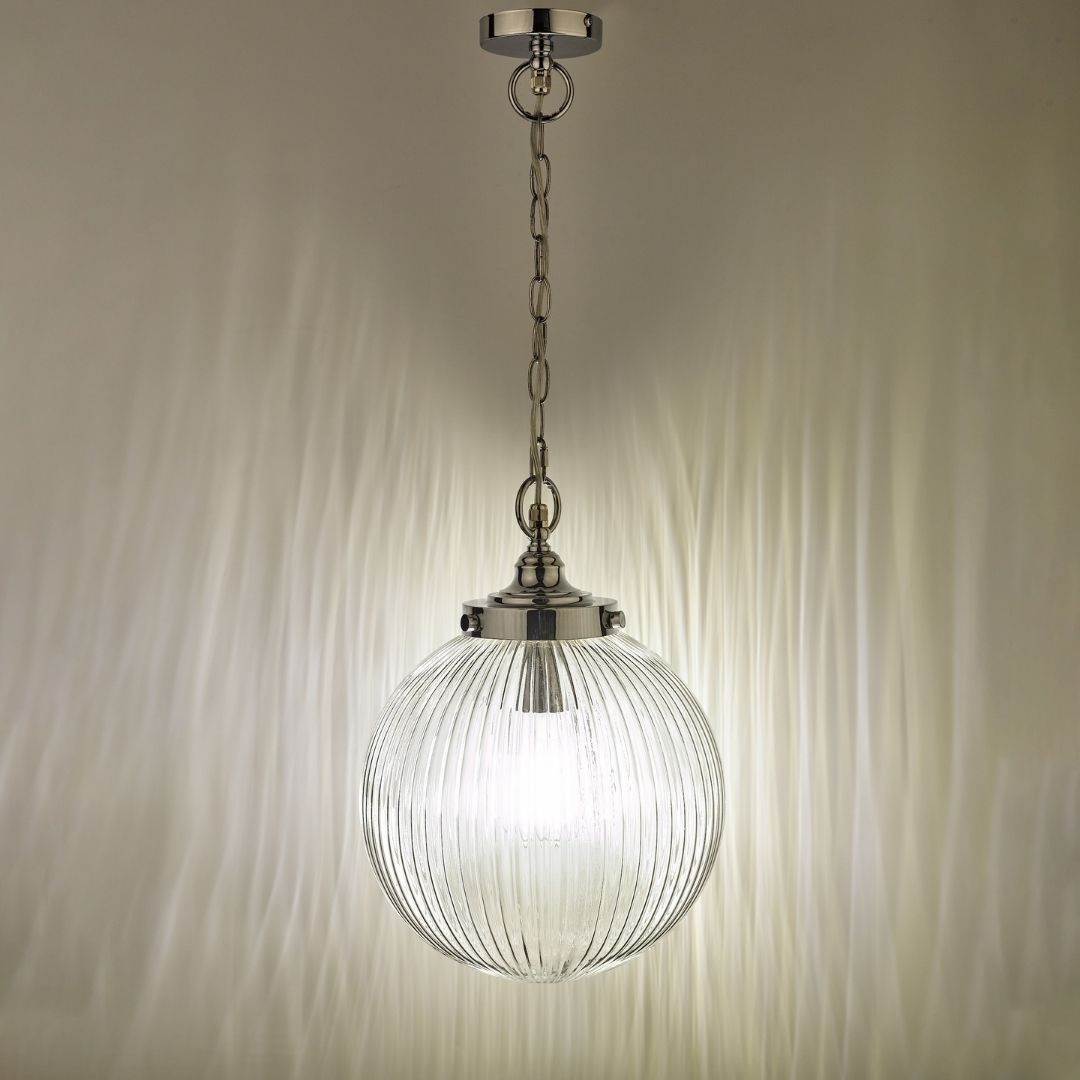 Tamara IP44 Ribbed Glas Polished Chrome Ceiling Pendant Light