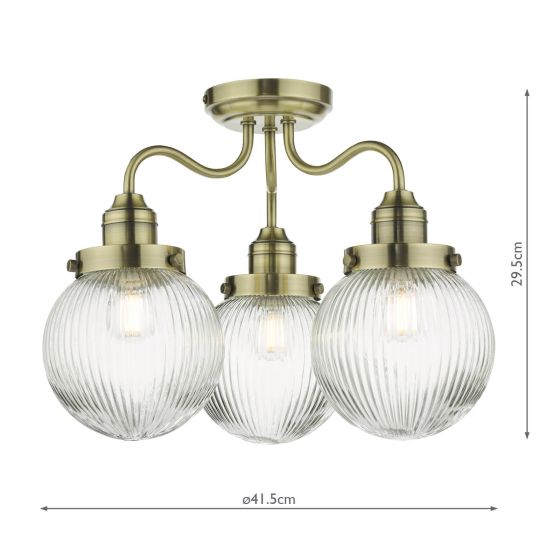 Tamara 3 Semi Flush Antique Brass Ceiling Light IP44