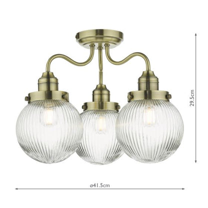 Tamara 3 Semi Flush Antique Brass Ceiling Light IP44