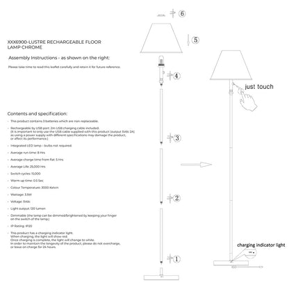 Lustre Polished Chrome LED Rechargeable Floor Lamp