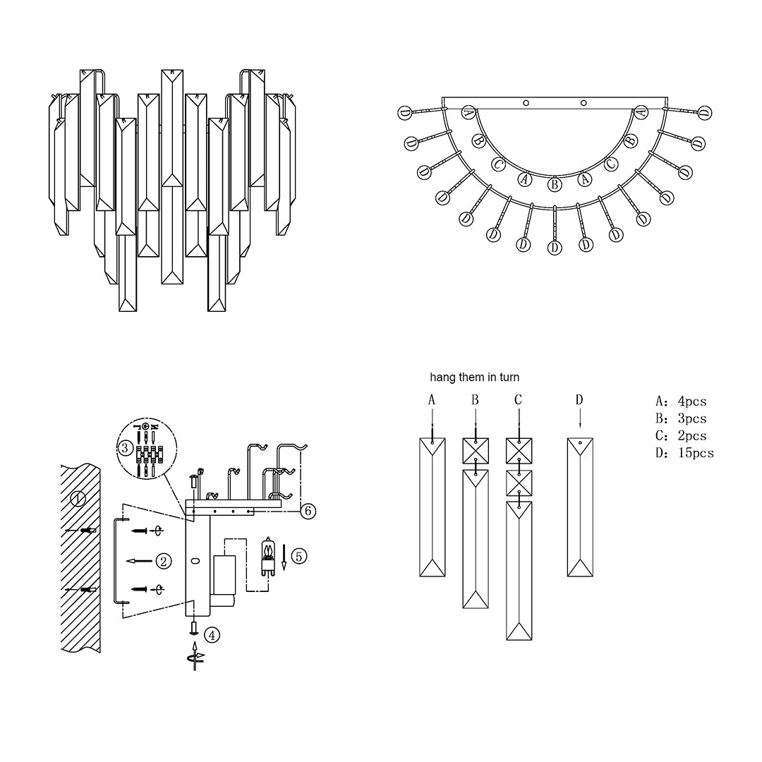 Onega Antique Brass & Glass Crystal Wall Light