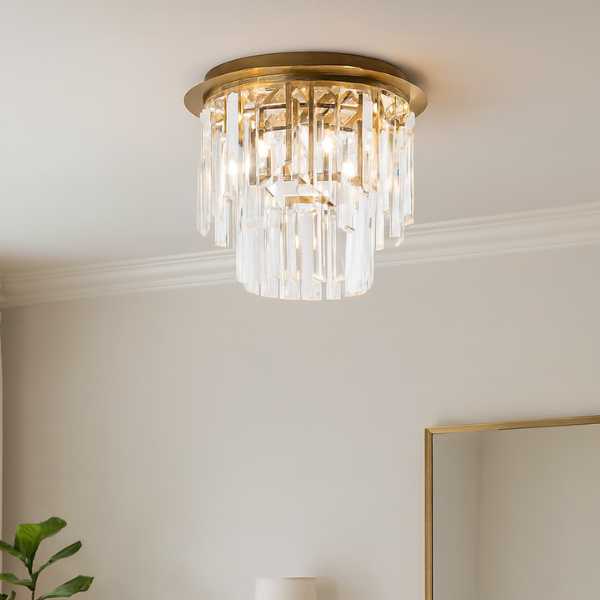 Onega 3 Light Antique Brass & Glass Flush Ceiling Light